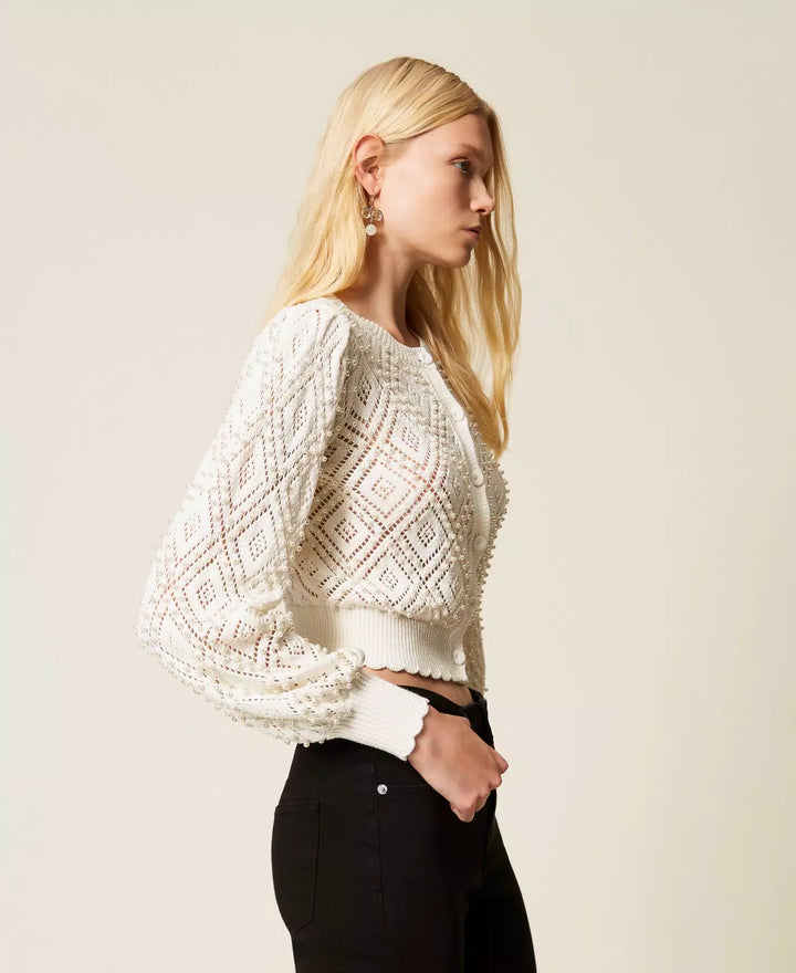 Cardigan à motif losanges et perlé