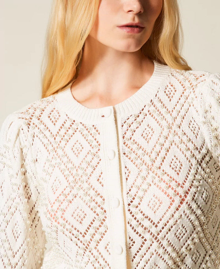Cardigan à motif losanges et perlé