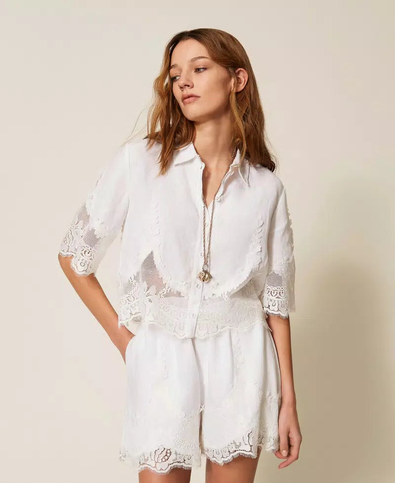 Ensemble chemise et pantalon en lin et dentelle