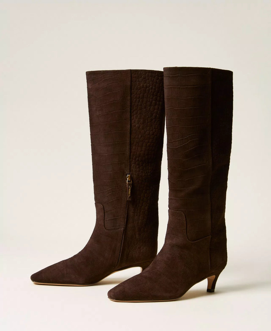 Bottes hautes en suède à effet crocodile