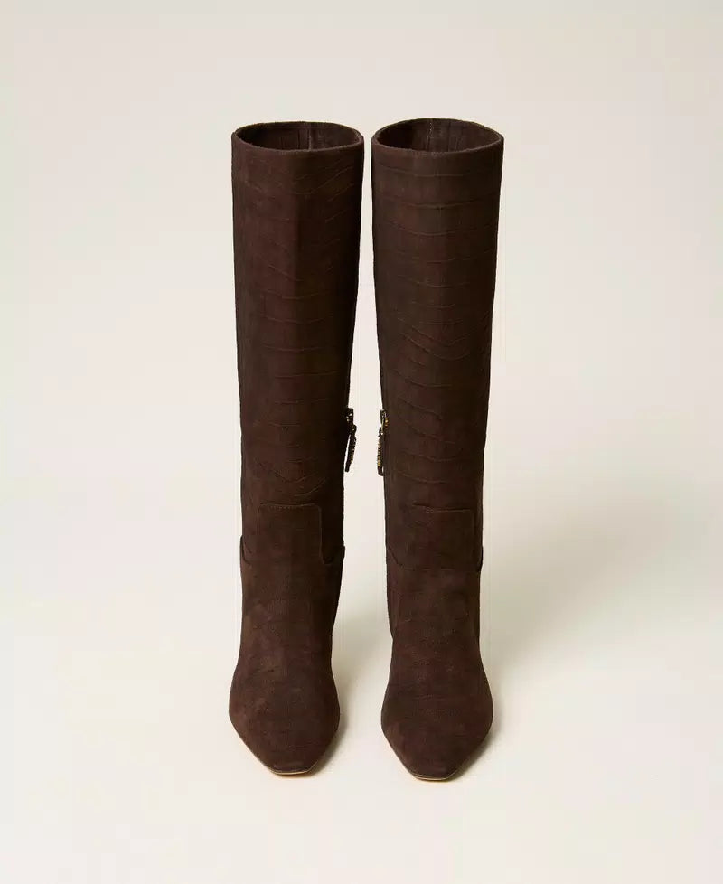 Bottes hautes en suède à effet crocodile