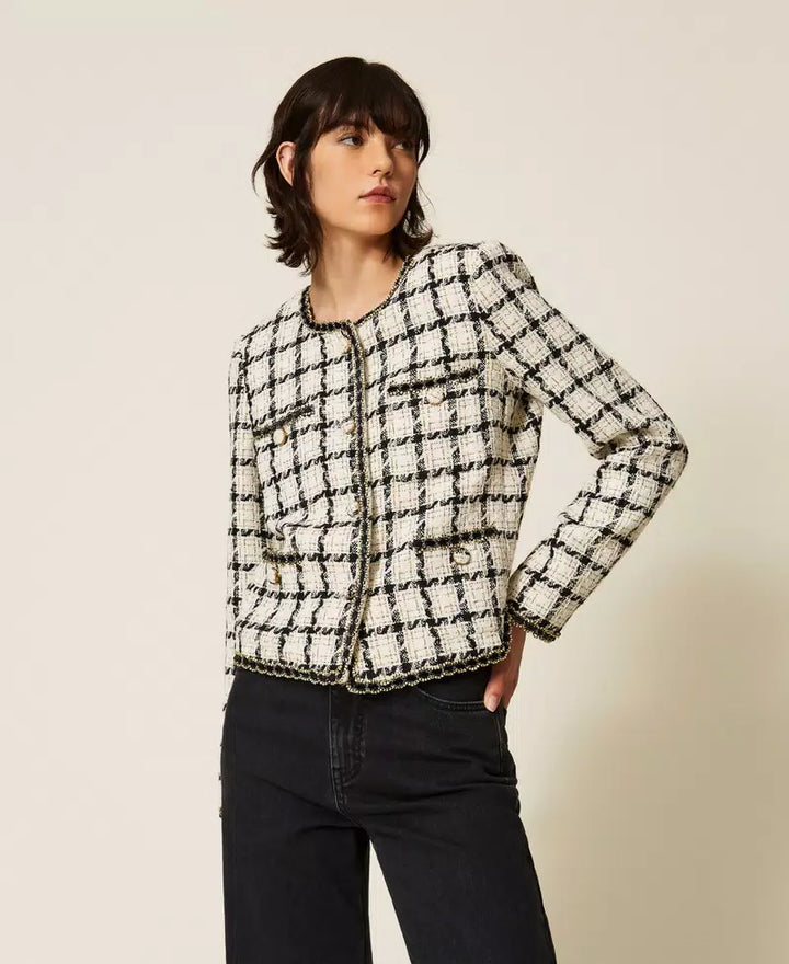 Veste courte à carreaux et finitions contrastantes
