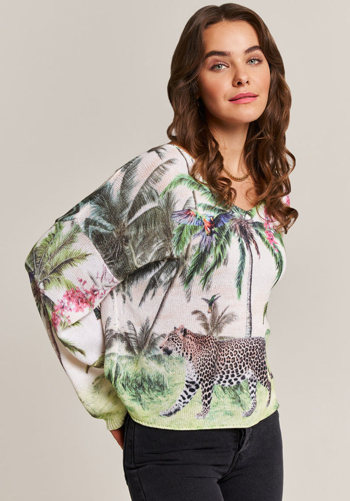 Pull en coton et lin avec imprimé jungle