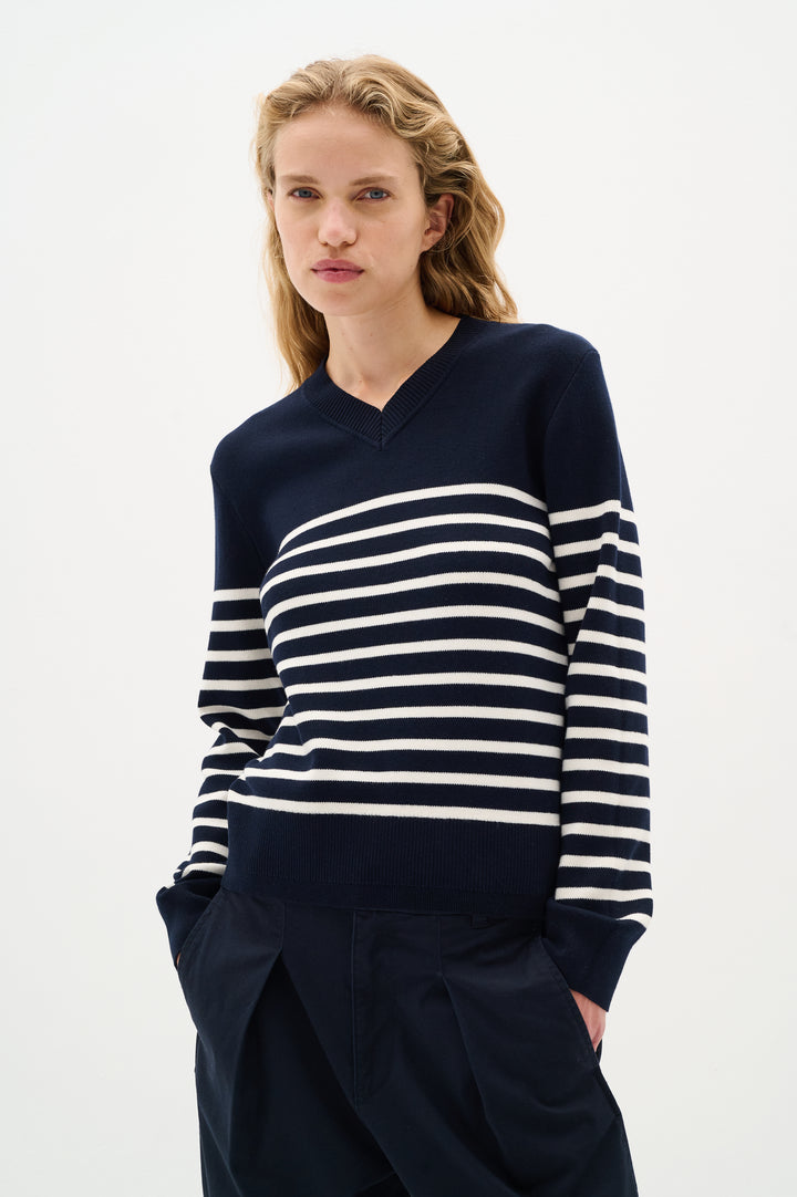 Pull en coton rayé avec col V Wallis