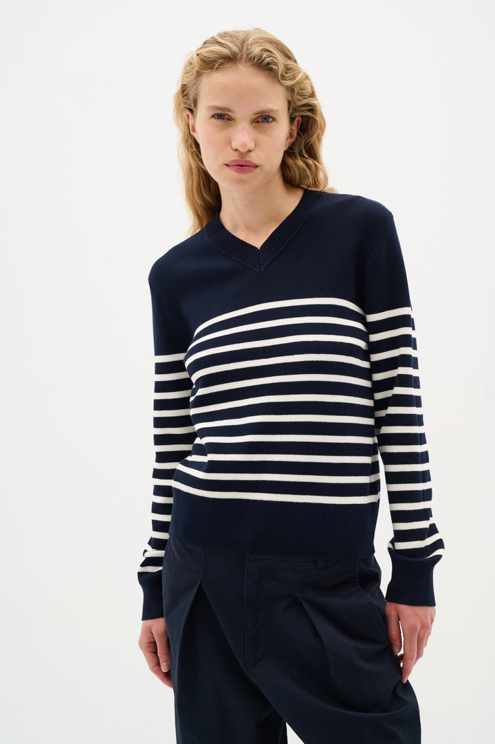 Pull en coton rayé avec col V Wallis