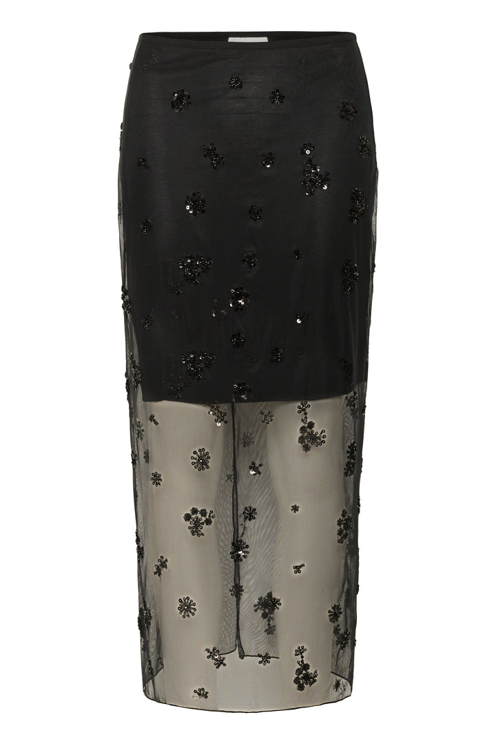 Jupe midi transparente ornée de perles Kui