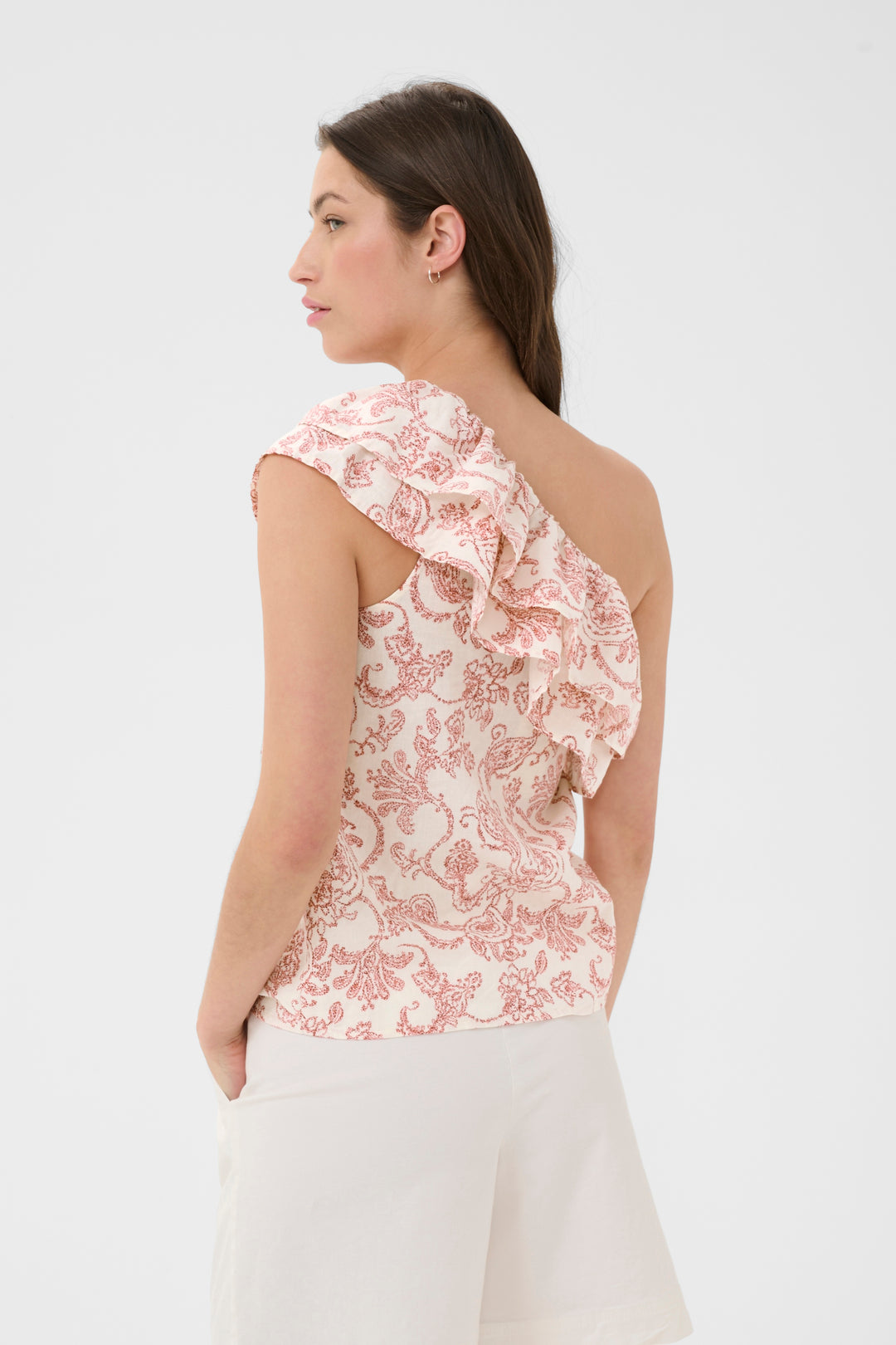 Haut asymétrique Brenda à volant imprimé