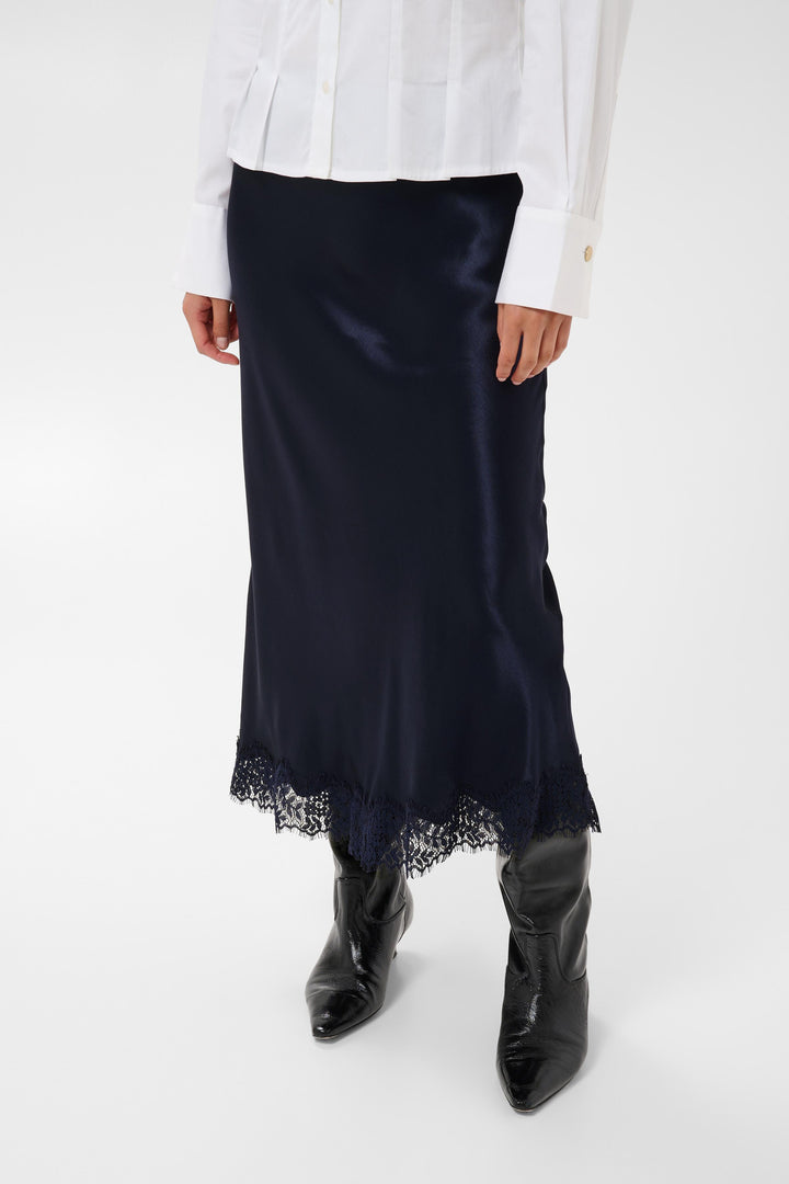 Jupe midi satinée bordure dentelle Denija