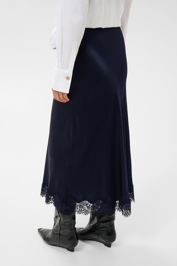 Jupe midi satinée bordure dentelle Denija