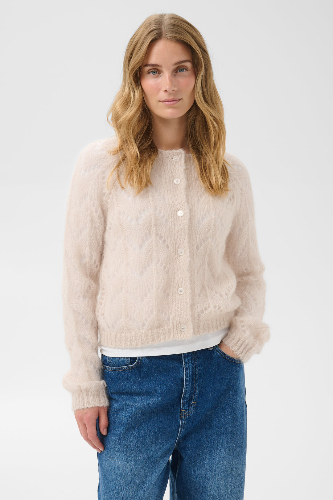 Cardigan court en maille ajourée Dinah