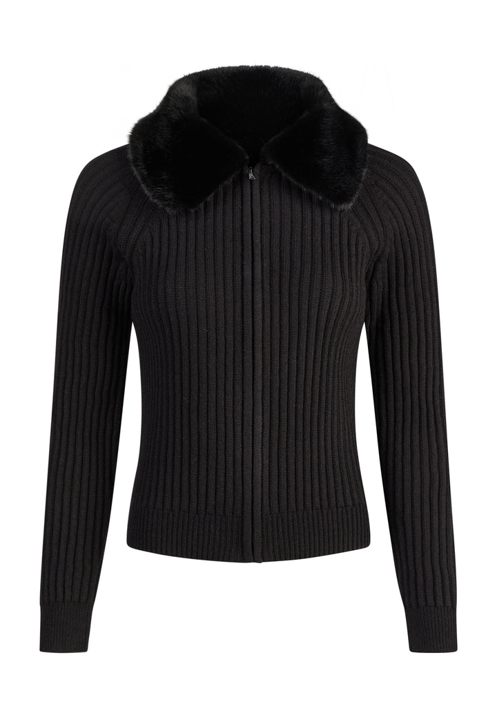 Cardigan côtelé à col duveteux