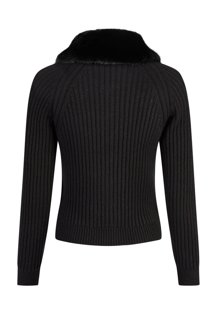 Cardigan côtelé à col duveteux