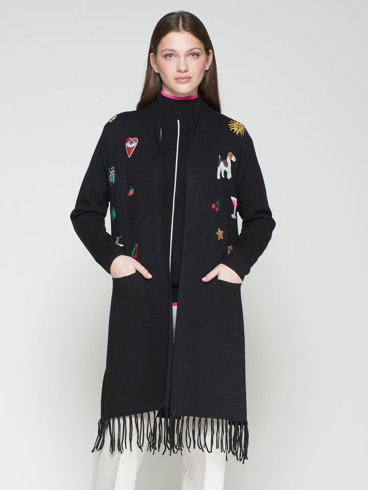 Cardigan long avec franges et broderies fantaisie