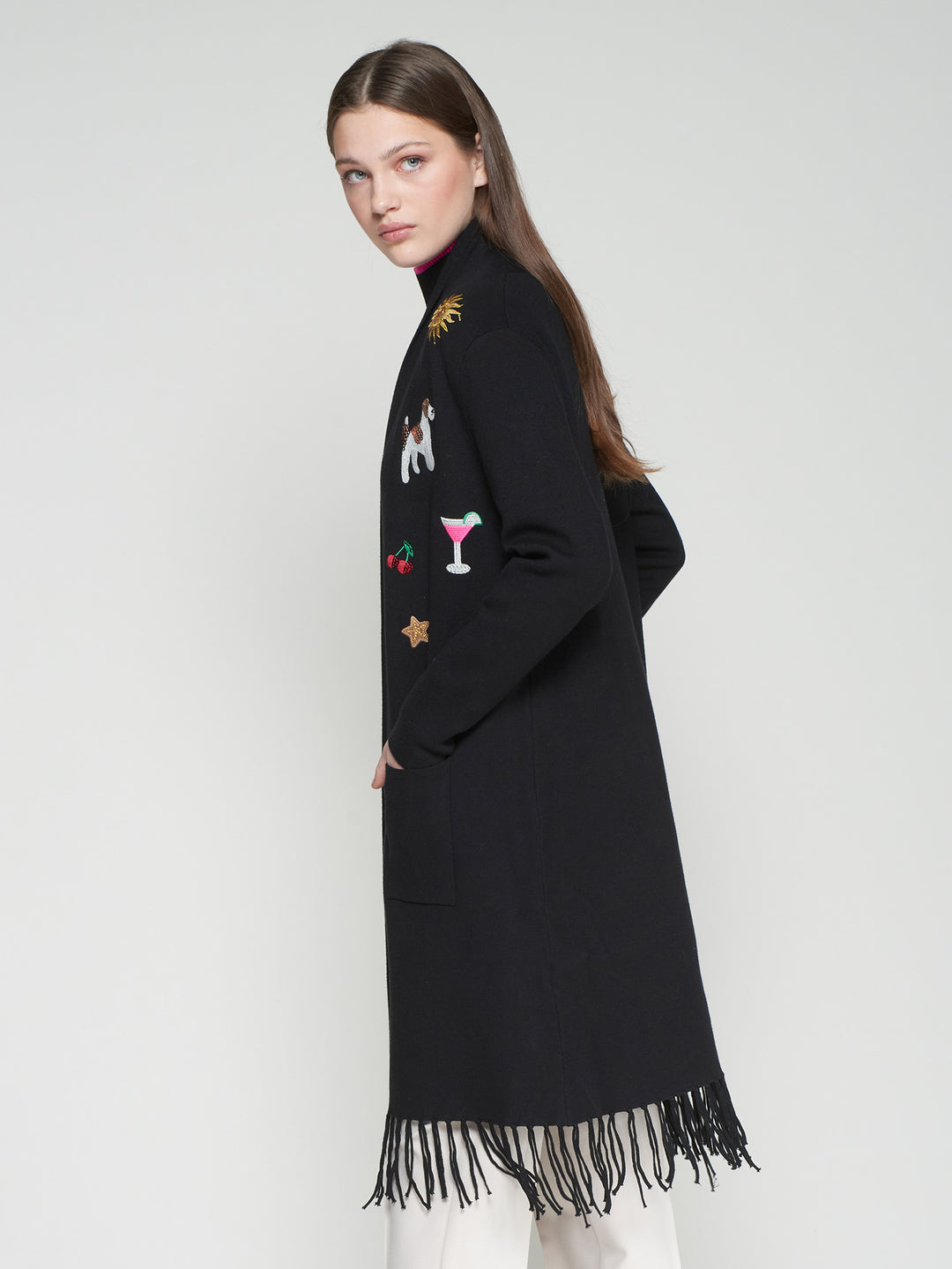 Cardigan long avec franges et broderies fantaisie