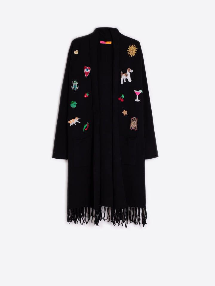 Cardigan long avec franges et broderies fantaisie