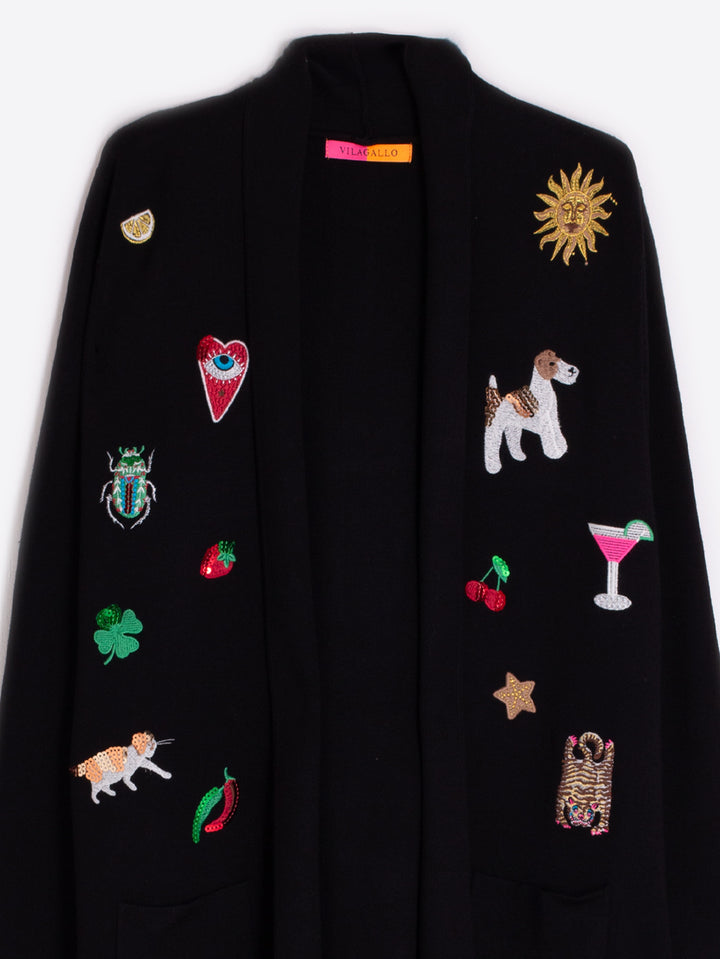 Cardigan long avec franges et broderies fantaisie