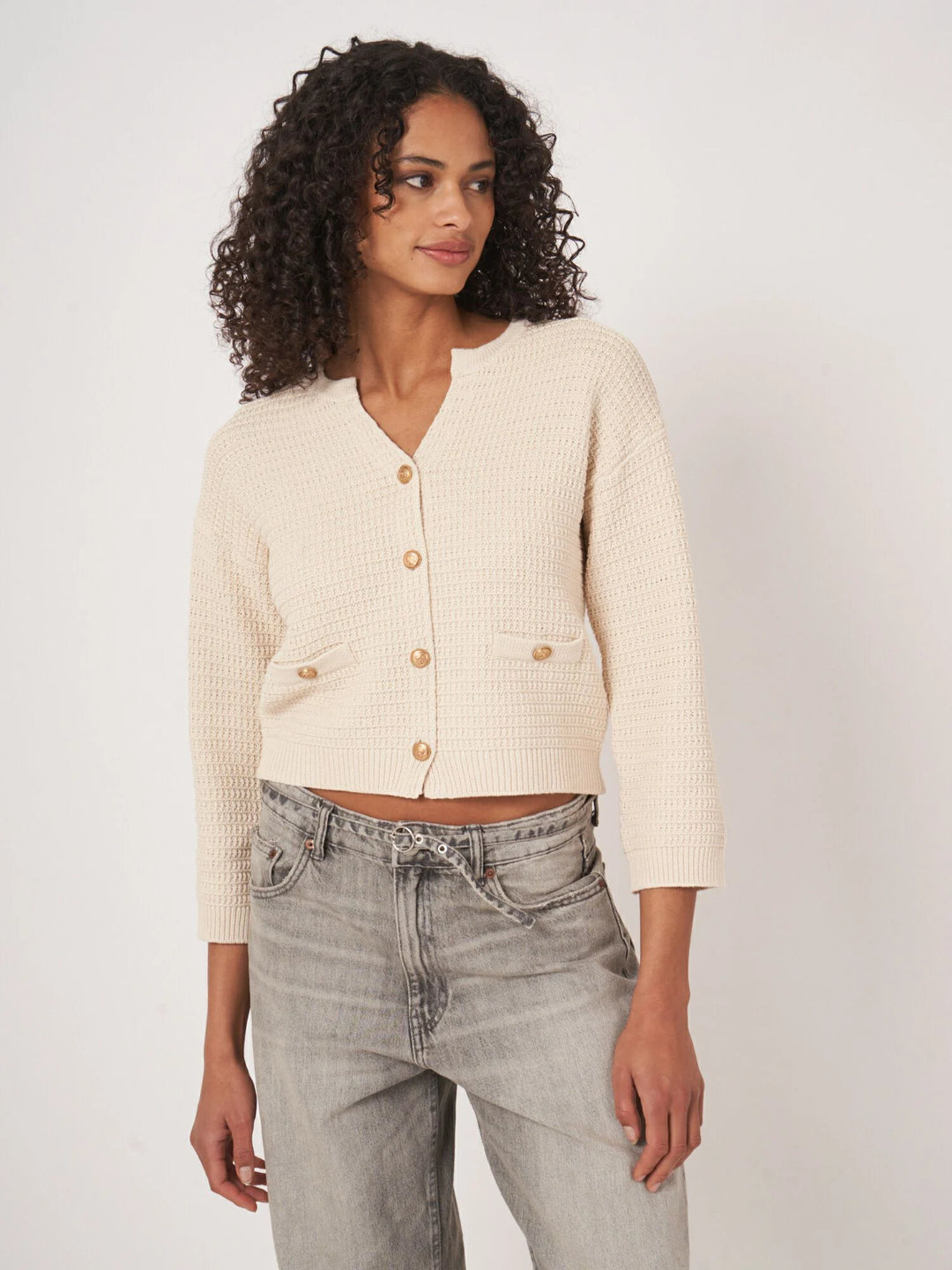 Cardigan en coton - Blanc pur - avec boutons dorés