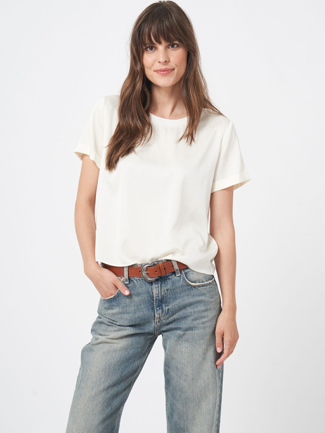 Blouse en satin de soie à col rond