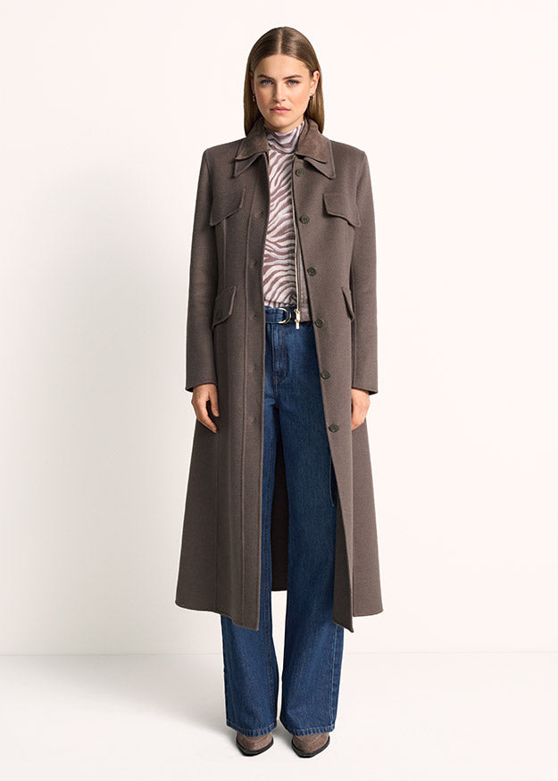 Manteau long en laine à poches à rabat