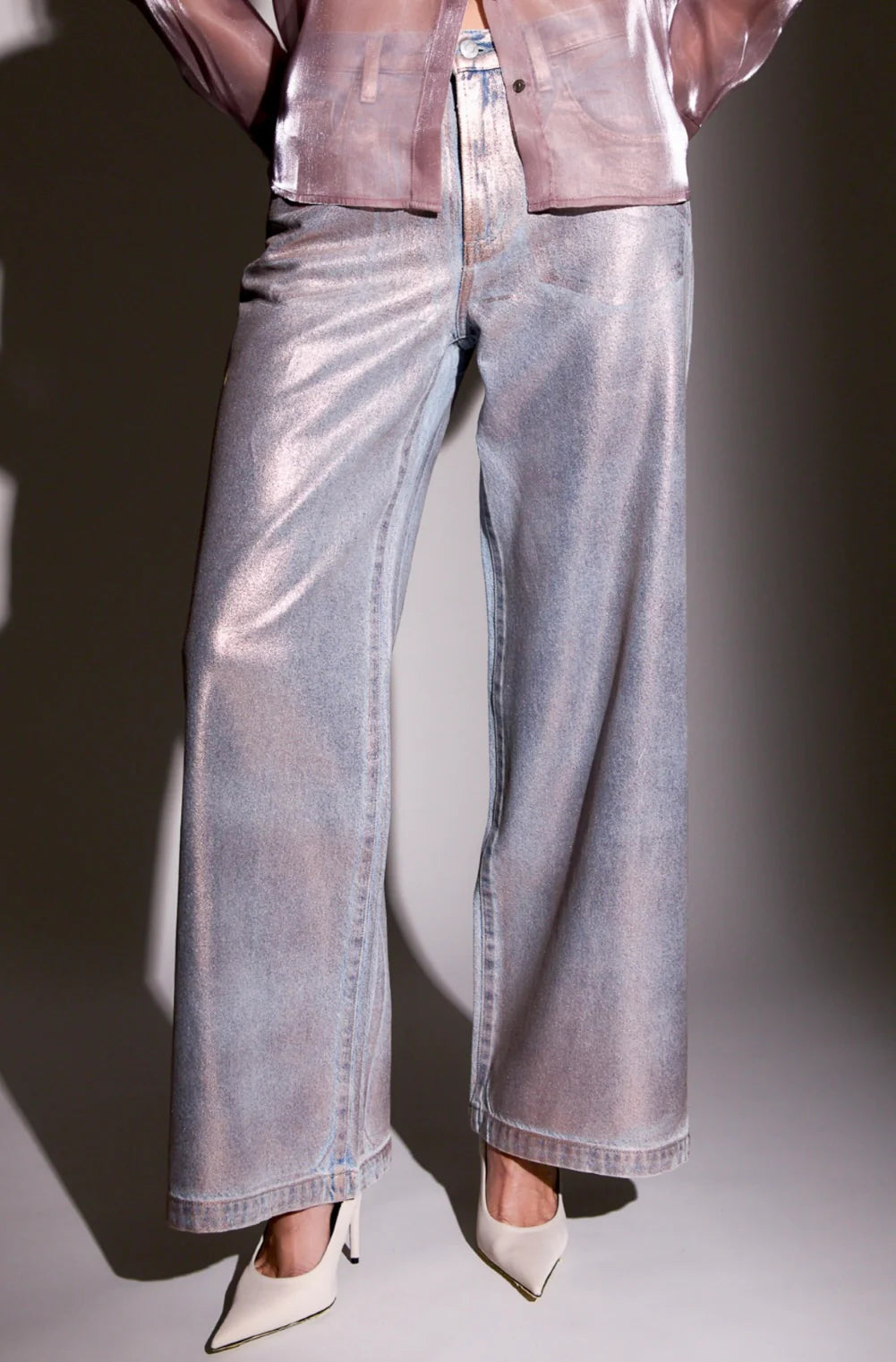 Jeans palazzo à taille basse métallique Jadyn