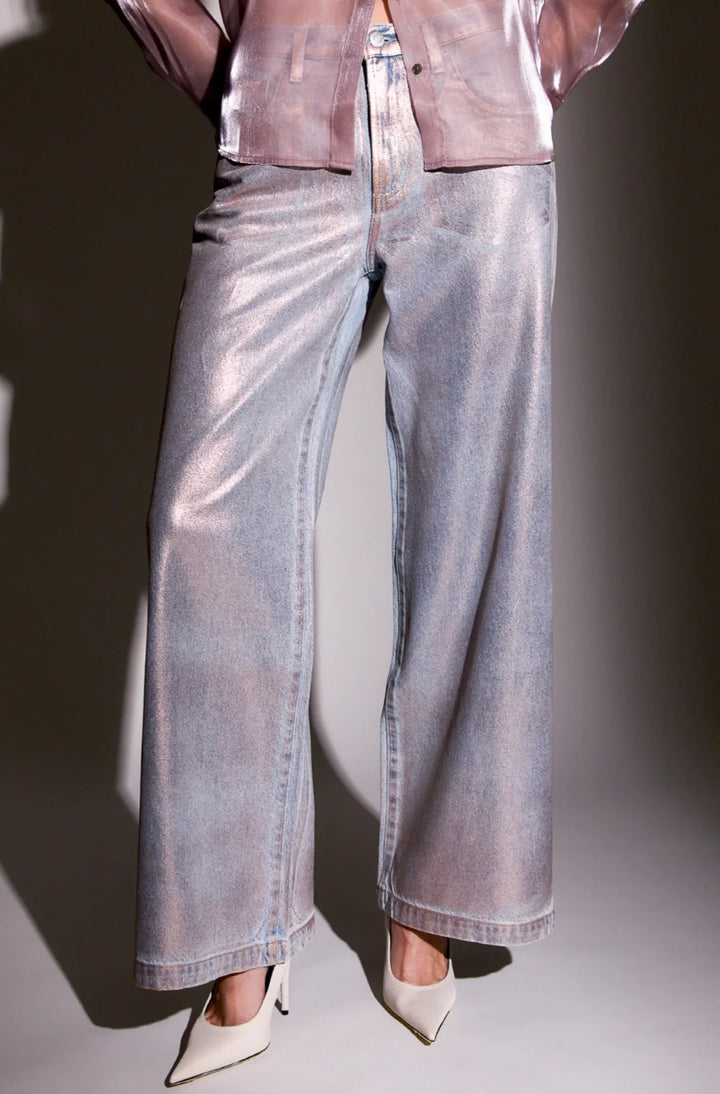 Jeans palazzo à taille basse métallique Jadyn