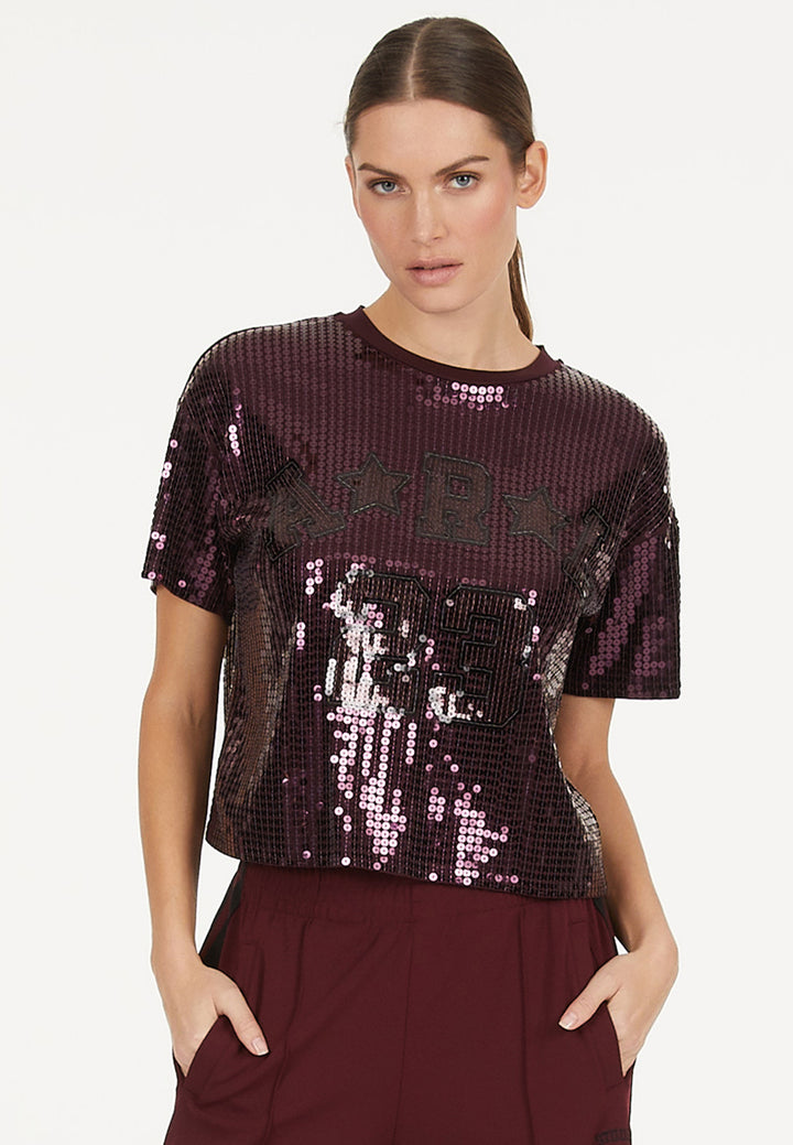 T-shirt à paillettes avec motif style sportif