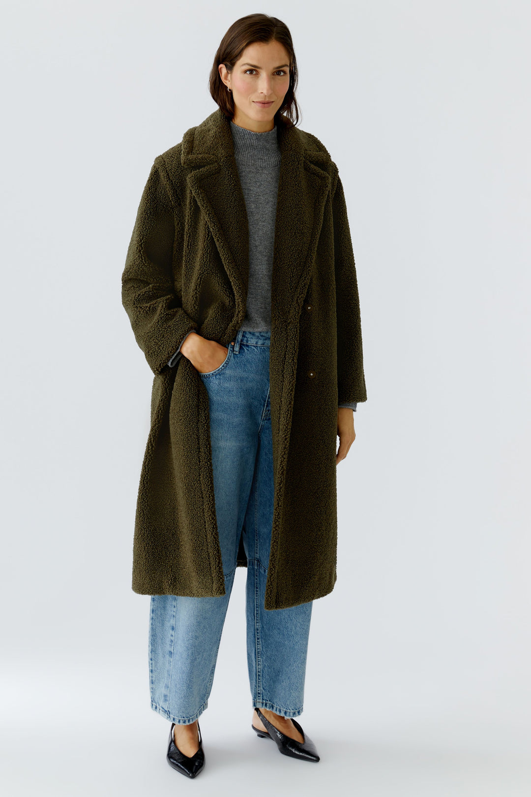 Manteau long kaki en sherpa