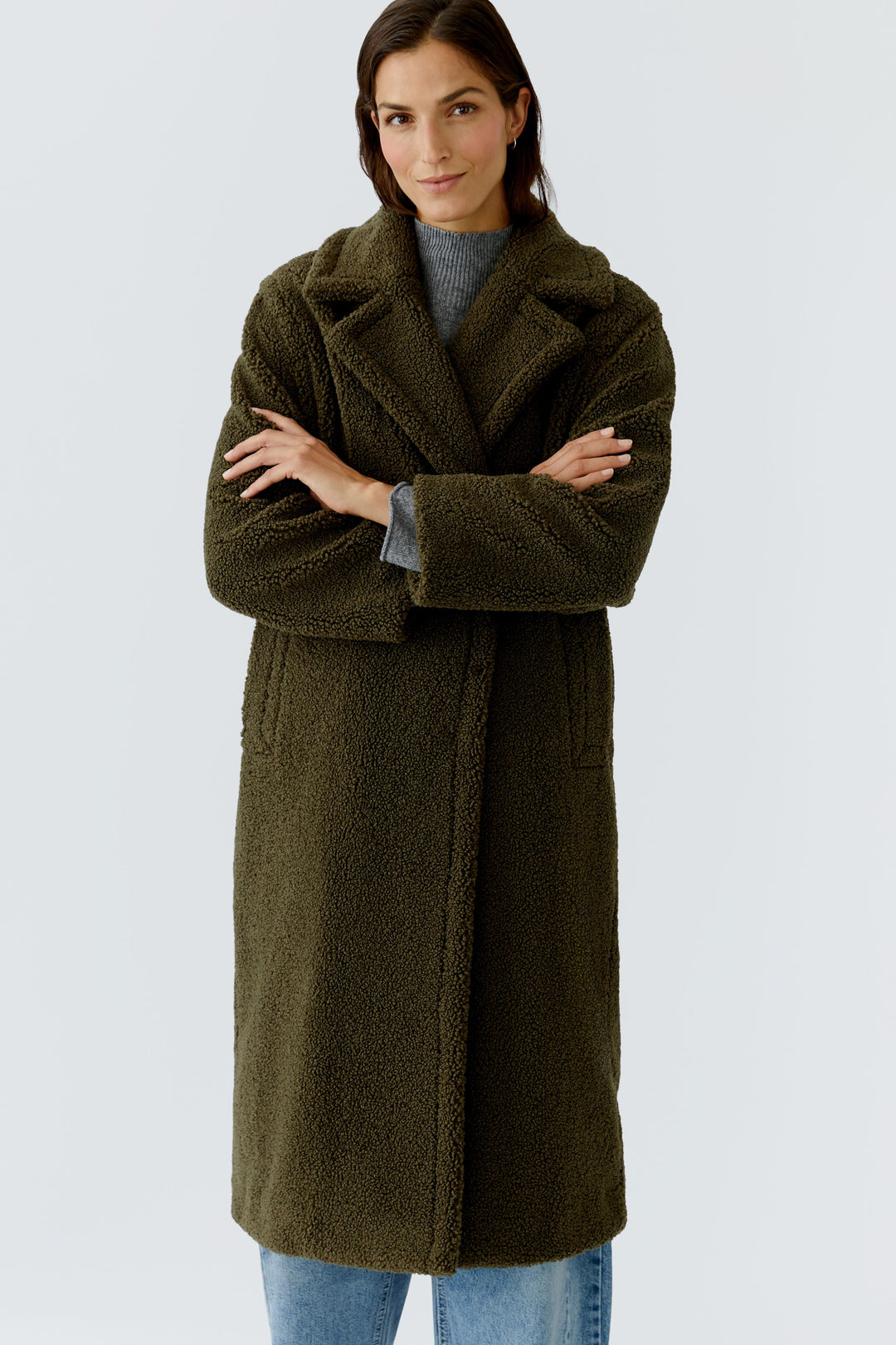 Manteau long kaki en sherpa