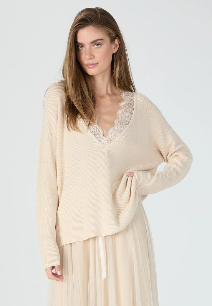 Pull en coton et cachemire avec col en dentelle