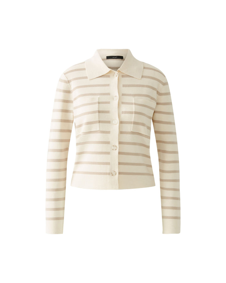 Cardigan rayé avec col polo et boutons marbrés