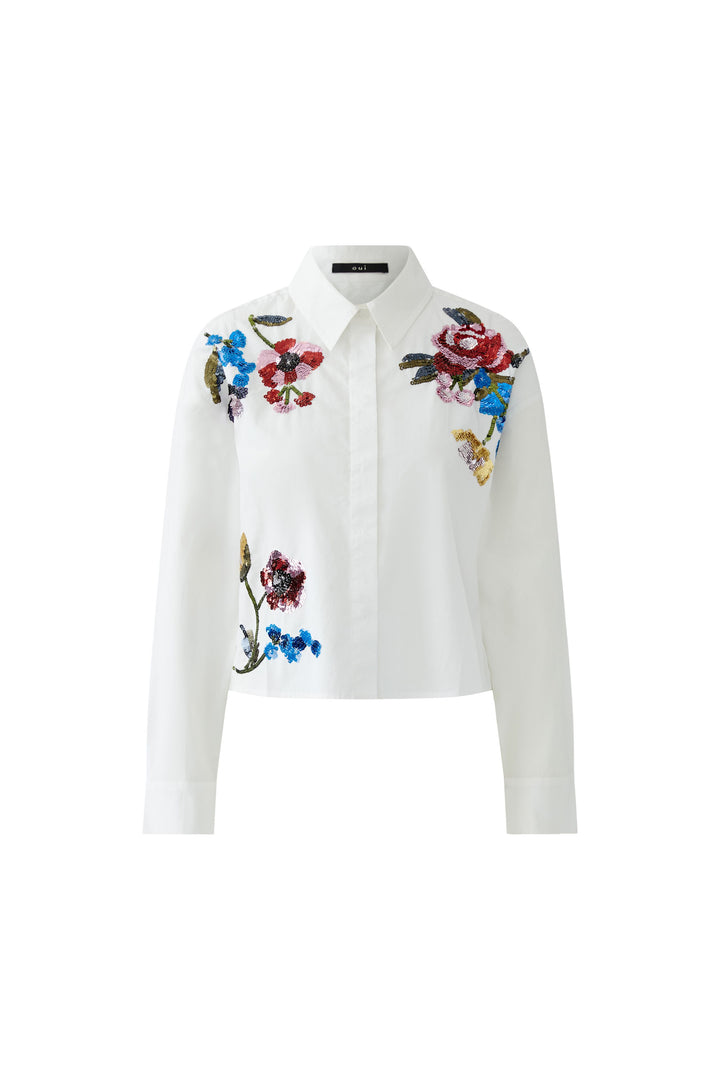 Blouse droite brodée à motifs floraux et sequins