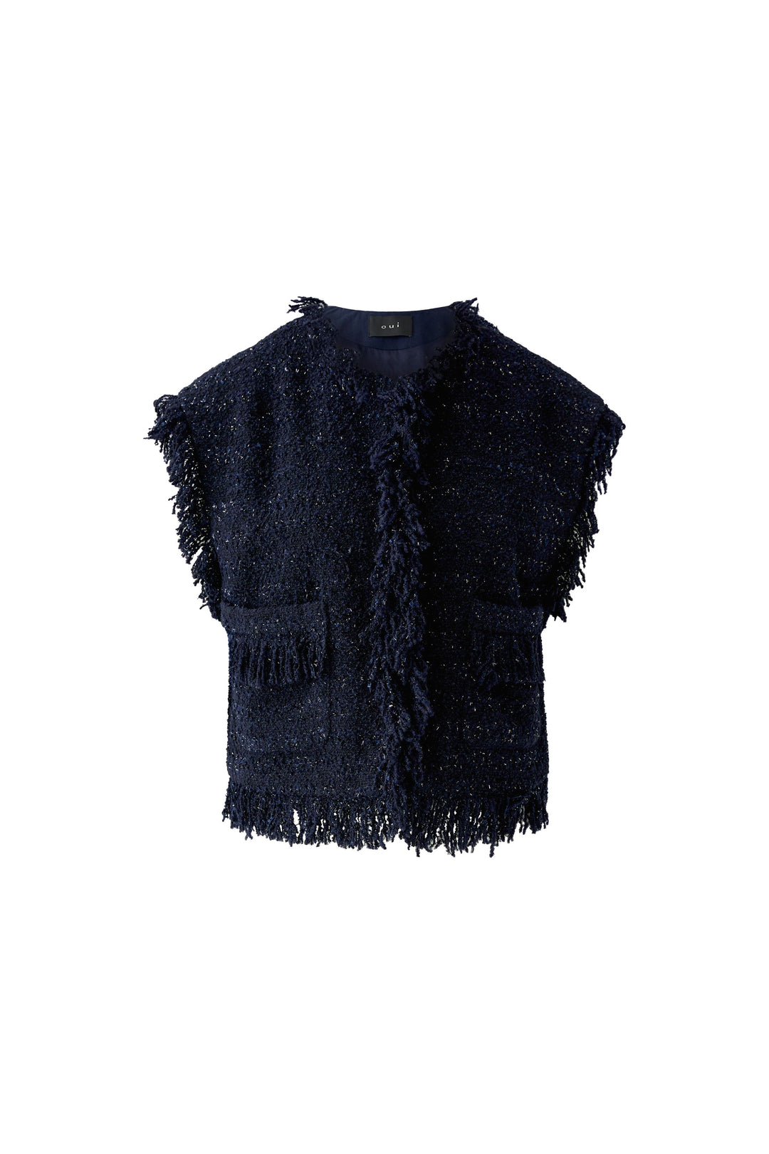 Gilet court en tweed bouclé à franges
