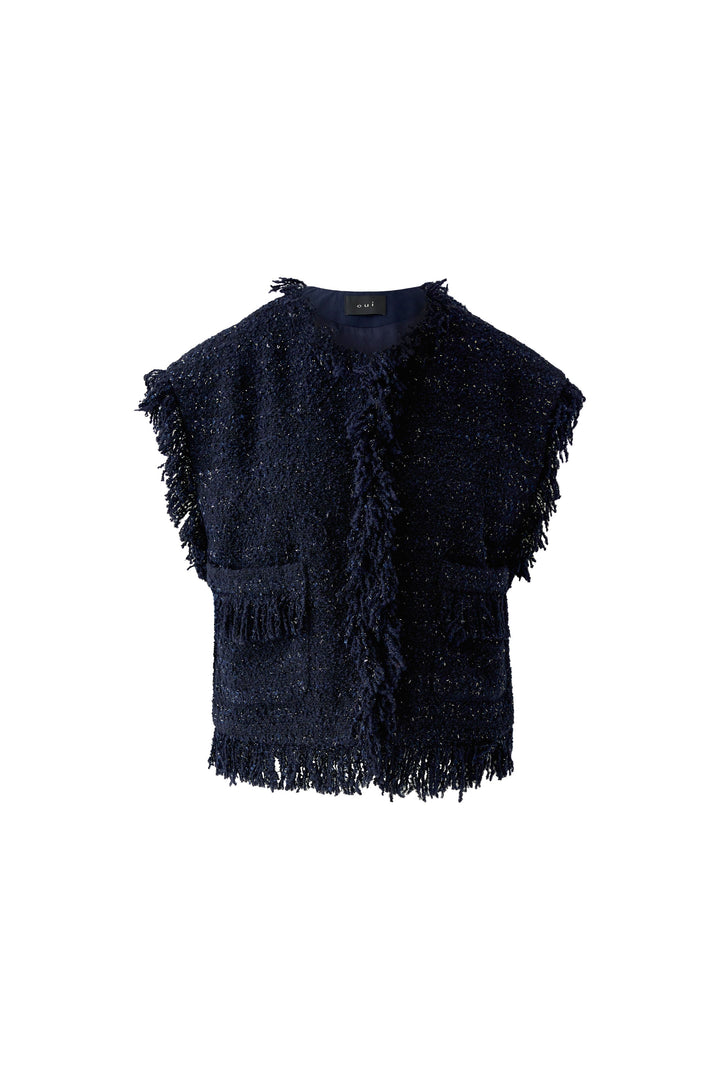 Gilet court en tweed bouclé à franges