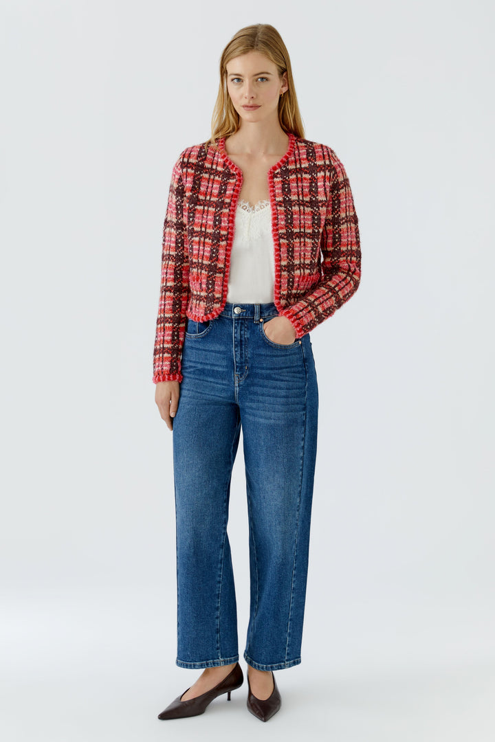 Veste courte à carreaux et bordures texturées
