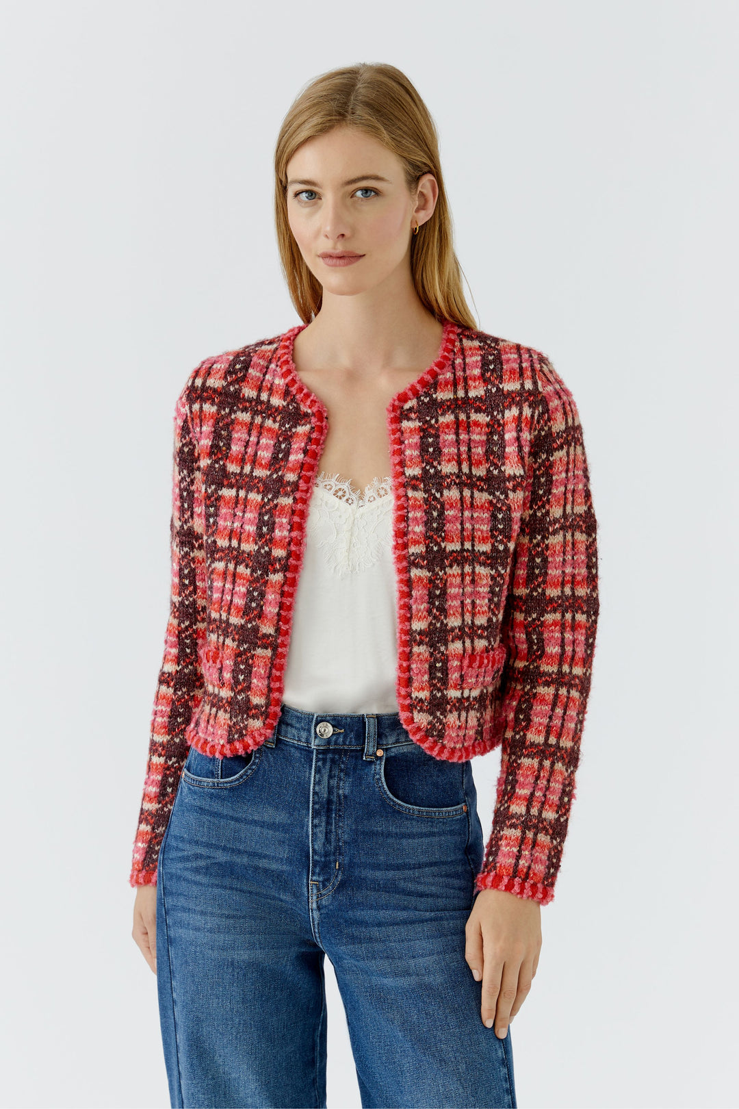 Veste courte à carreaux et bordures texturées