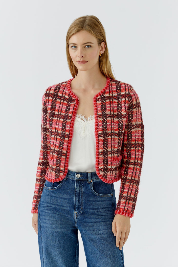 Veste courte à carreaux et bordures texturées