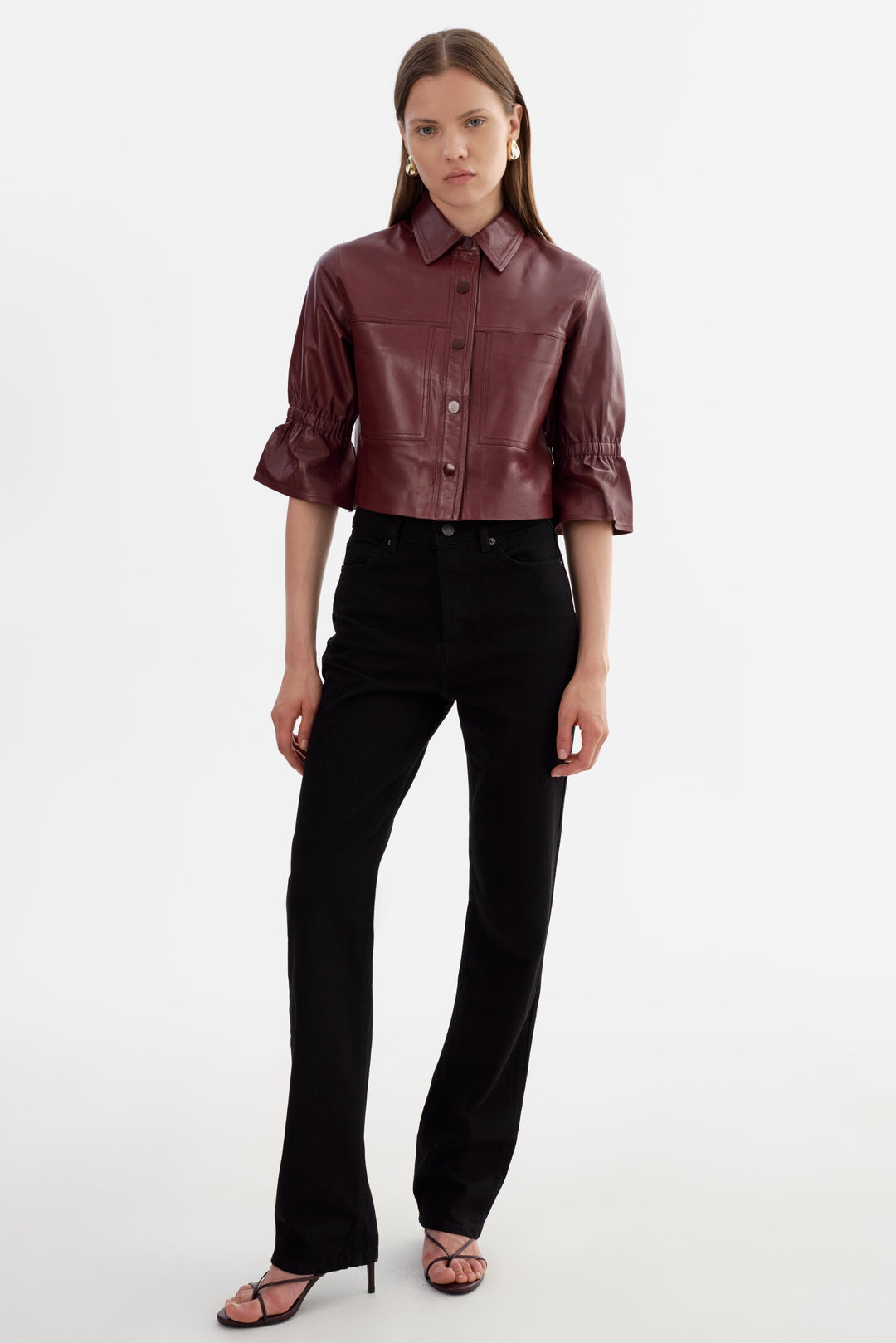 Veste en cuir à manches 3/4 volantées Carolina