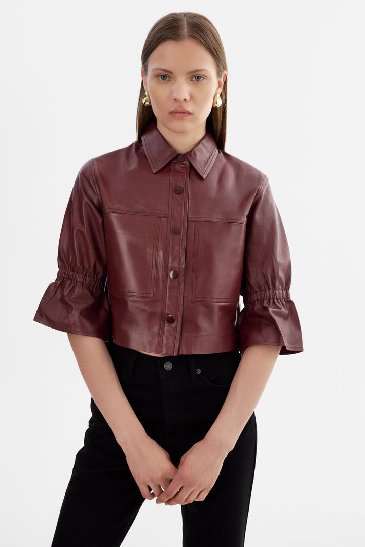 Veste en cuir à manches 3/4 volantées Carolina