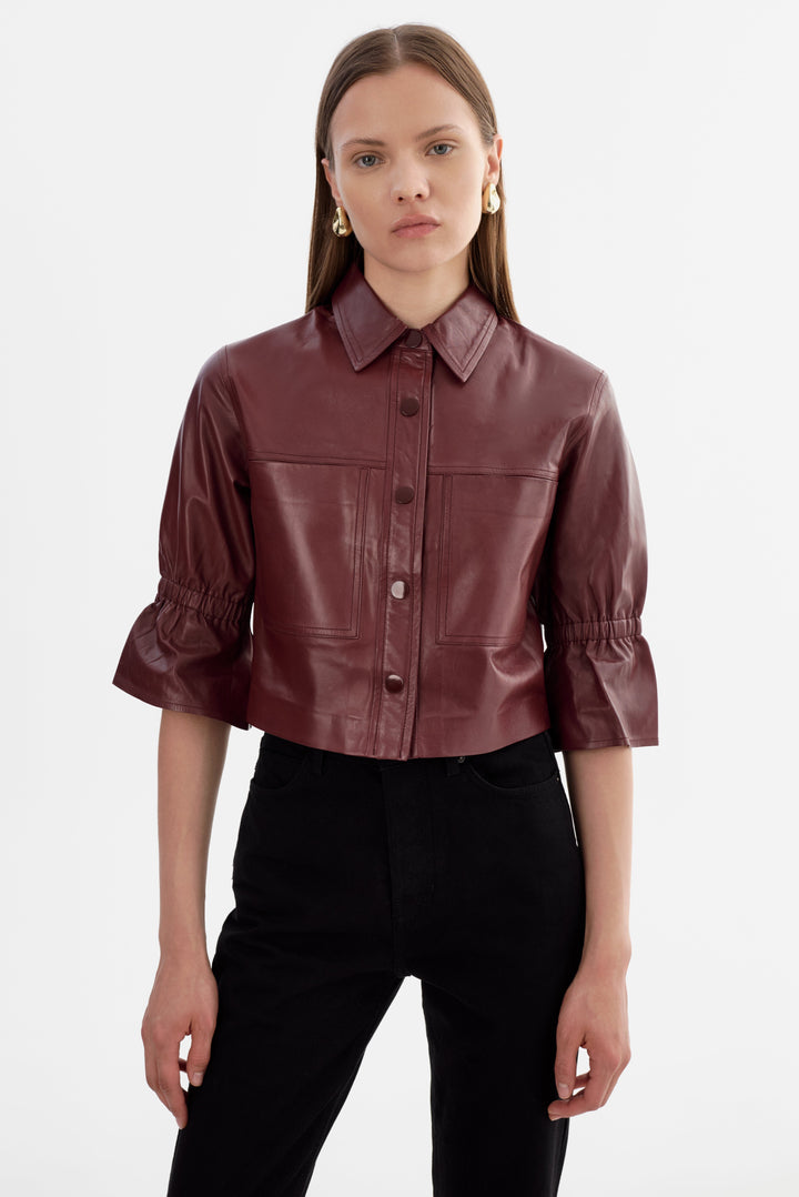 Veste en cuir à manches 3/4 volantées Carolina