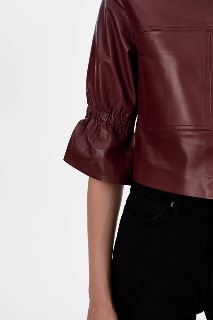 Veste en cuir à manches 3/4 volantées Carolina