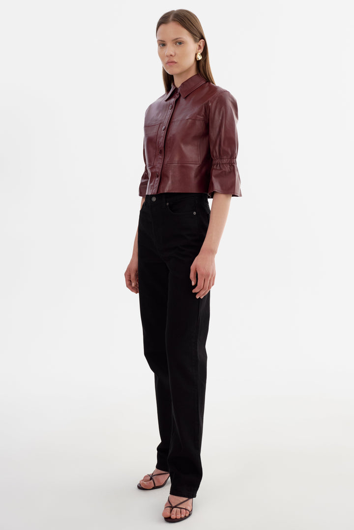 Veste en cuir à manches 3/4 volantées Carolina