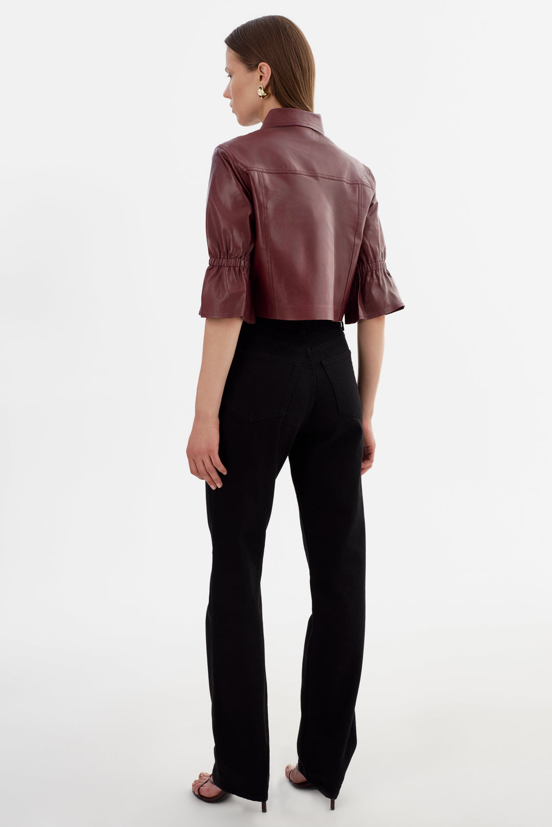 Veste en cuir à manches 3/4 volantées Carolina