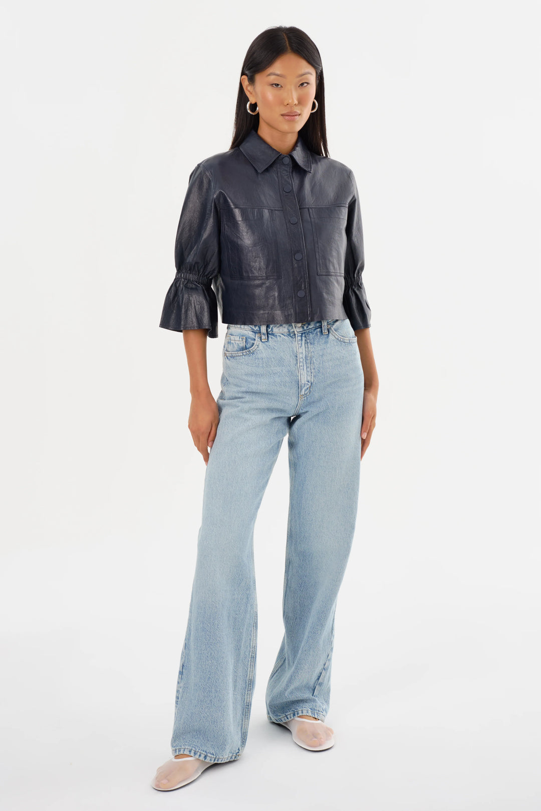 Veste en cuir à manches 3/4 volantées Carolina