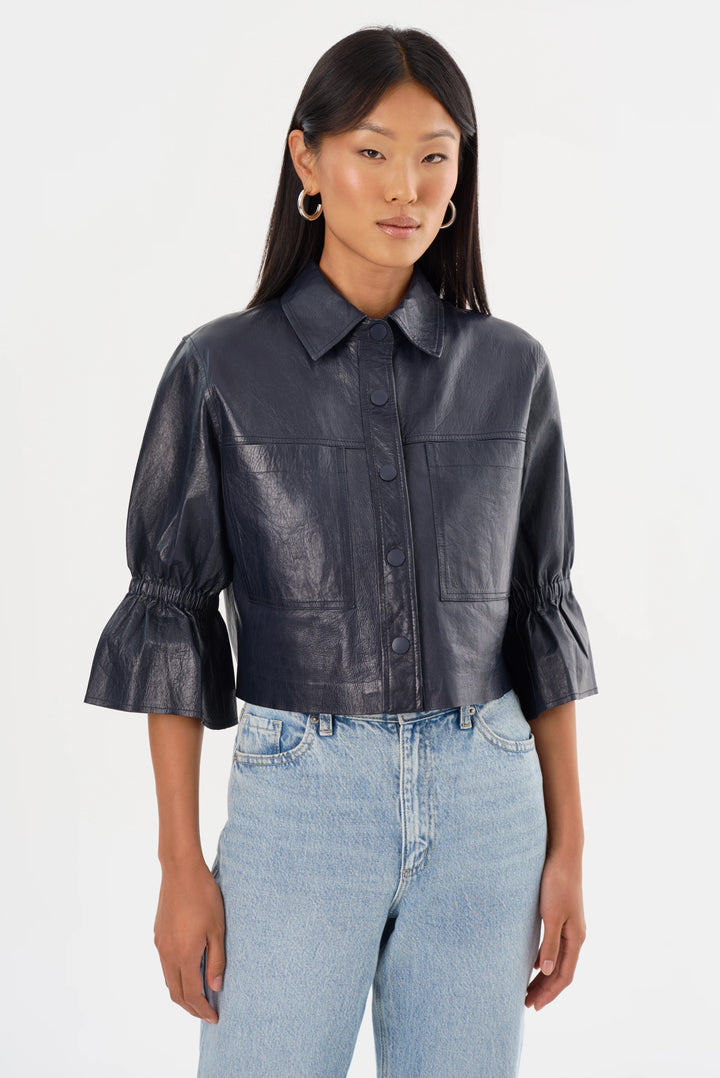 Veste en cuir à manches 3/4 volantées Carolina