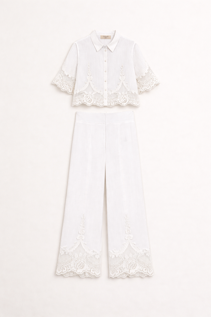 Ensemble chemise et pantalon en lin et dentelle