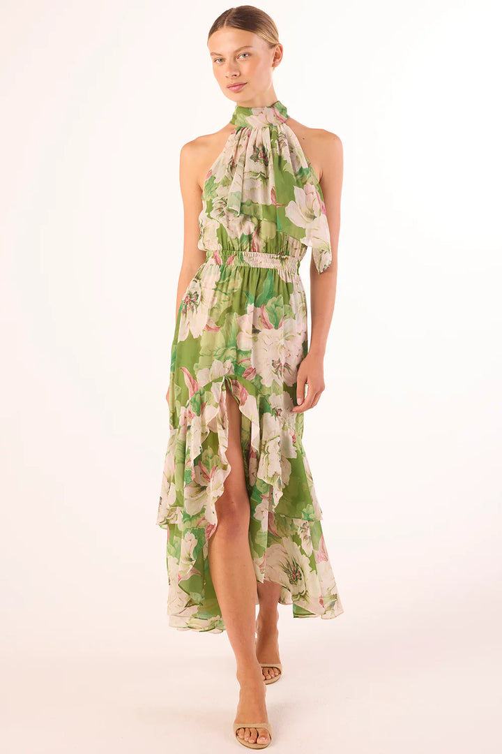 Robe midi Aneva à col licou et volants asymétriques