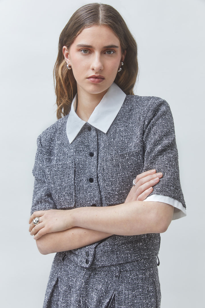 Veste courte scintillante à col chemisier Lino