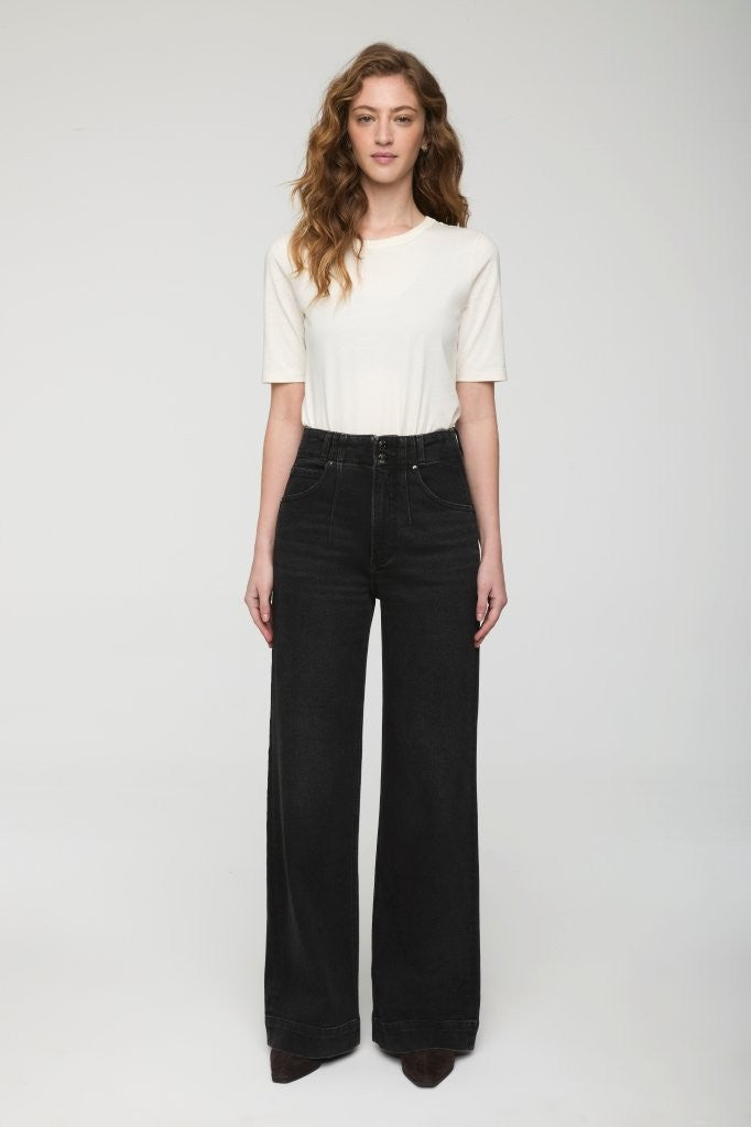 Jeans jambe large taille haute à double bouton Lana
