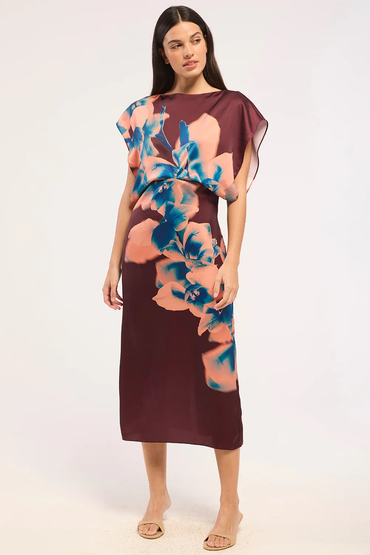 Robe midi drapée à imprimé d’orchidées Lenny
