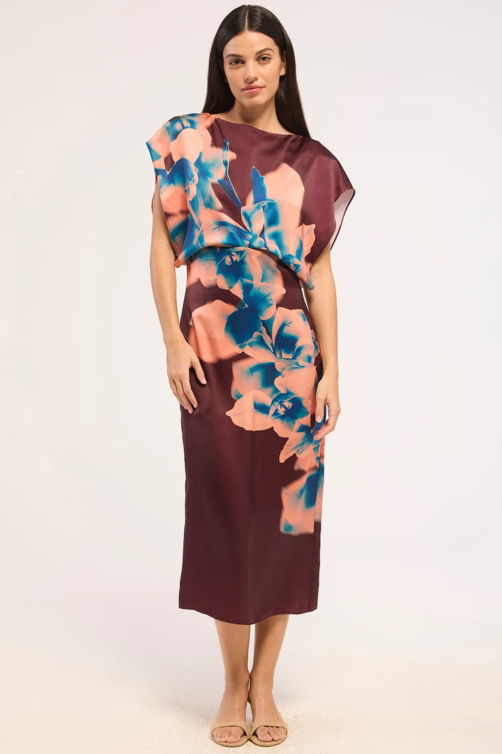 Robe midi drapée à imprimé d’orchidées Lenny